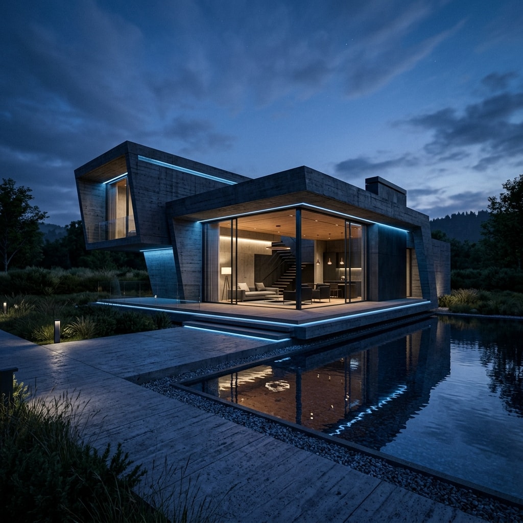 Cinematic architectural visualization of a futuristic concrete pavilion at twilight
