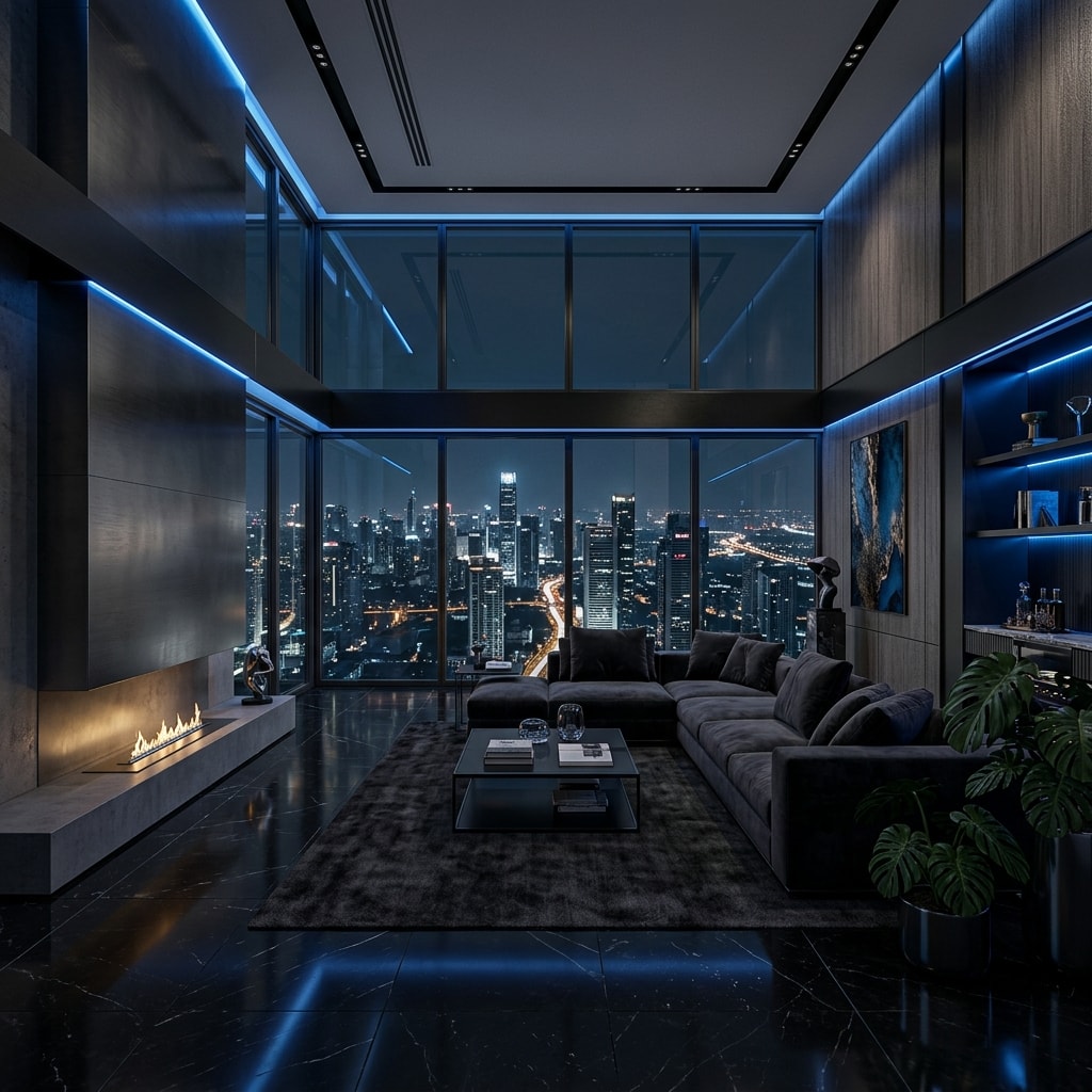 Luxury modern living room architectural visualization with electric blue accents